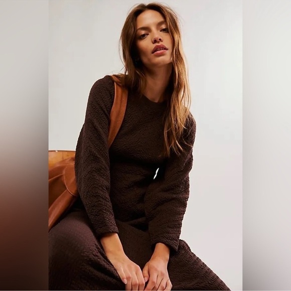Free People Women's Gabby Long Sleeve Textured Cut Out Back Midi Dress Brown M/L - Picture 3 of 14